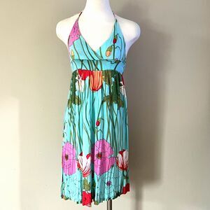 Womens Spaghetti Strap Floral Halter Neck A-Line SunDress by Lani Medium